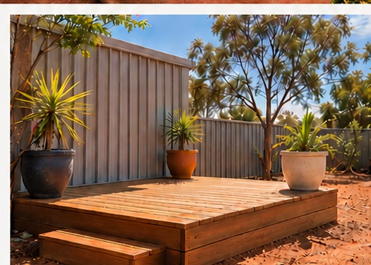 Modest timber deck with hardy potted plants in a Mount Isa-style backyard